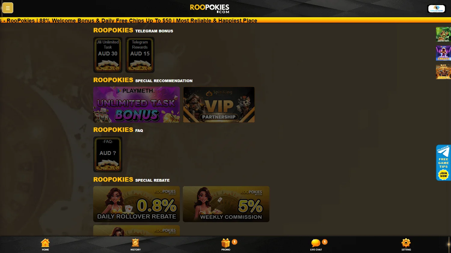 Roopokies Casino desktop promotions view